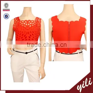 2016 S/S Hollow Out Curved Hem Bear Midriff Red Tops Neoprene Plain Crop Tops Wholesale 2015 thumbnail-1