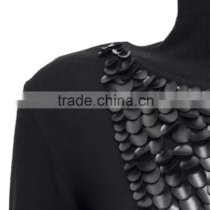 Turtle Neck Fine Knitted Leather Application Winter Blouse for Women Turkish Knitwear Manufacturer in Turkey Made in Turkey thumbnail-2