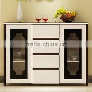 Modern Buffet Sideboard High Gloss White Wood Glass Top 4 Doors Cupboard thumbnail-1