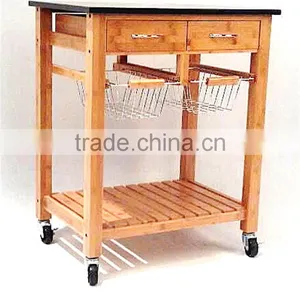 Hot Sale Bamboo Kitchen Trolley Design With Basket and Wheels thumbnail-6