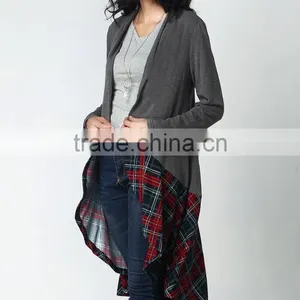 OEM Korean Style Designs Women Fashion Long Sleeve Charcoal Plaid-Hem Drape Sweater Cardigan thumbnail-3