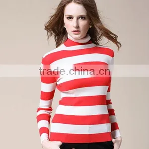 OEM Ladies Fashion Long Sleeve High Neck Stripe Knitting Woman Pullover Sweater for Winter thumbnail-1