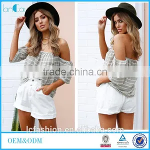Summer Beach Clothing Khaki White Stripe Off Shoulder Top Women thumbnail-1