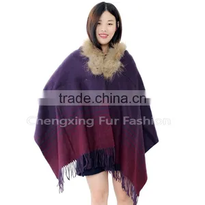 CX-B-P-43G 2016 New Product Noble Shawl Hand Made Wholesale Cashmere Capes And Raccoon Fur Trim Cape thumbnail-1