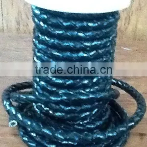 3mm Round Braided Leather Cord, Black Color thumbnail-1