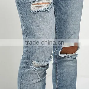 Men Five Pockets Light Blue Wash Super Skinny Ripped Jeans thumbnail-5