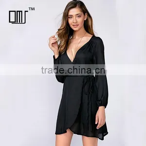 Solid Ladies Lace-up Puff Sleeve Plunging Neckline Mini Chiffon Dress thumbnail-1