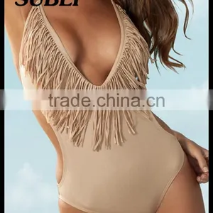 Sexy Tassel Solid Color Piece Swimsuit Plain V-neck Tassel Bikini Swimsuit thumbnail-1