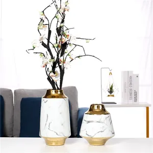 White Marbling Ripple Electroplate Gold Modern Ceramic Flower Vase Decoration Art For Showroom thumbnail-3