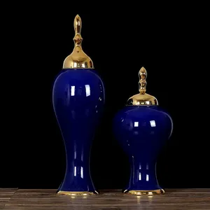Modern Simple Jingdezhen Gild Large Blue Ceramic Plant Vase For Shopping Mall Decor thumbnail-2