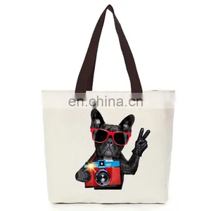 Canvas Cotton Cool Dog Tote Hand Eco Bag With Zipper thumbnail-4