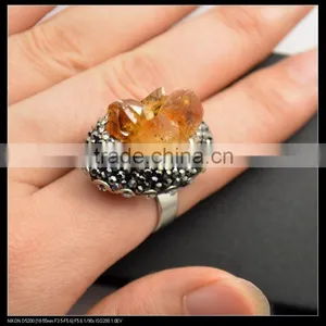 LFD-0015R ~ Nature Topaz Quartz Rings, Crystal Rhinestone Paved Druzy Gemstone Ring Jewelry Rhodium Plated Quartz Finger Rings thumbnail-1
