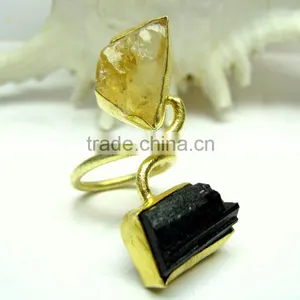 Citrine & Tourmaline Rough Natural Gemstone Ring, 925 Solid Sterling Silver Ring, Designer Vermeil Bezel Ring thumbnail-1
