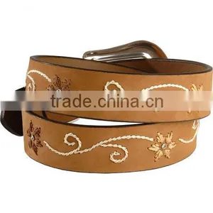 Western Belts Brown Leather Belt With Feminine Floral Stitched Belts thumbnail-3