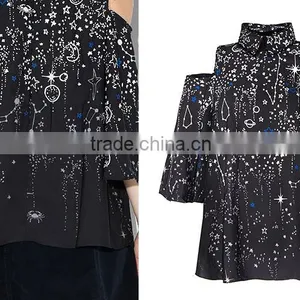 Slim V Neck Off Shoulder Sleeve Galaxy Printing Blouse thumbnail-6
