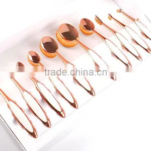 Top Quality Custom Logo Cosmetic Makeup Brushes Rose Gold and White Color 10pcs Oval Makeup Brush Set thumbnail-2