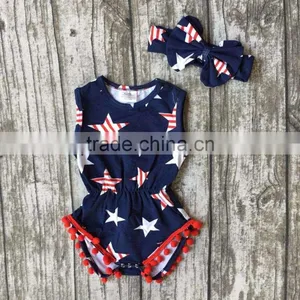 Baby Girls Summer Clothing Infant Baby Girls Romper Navy Tutu Cotton Baby All Star Romper Girls July 4th Romper Match Headband thumbnail-1