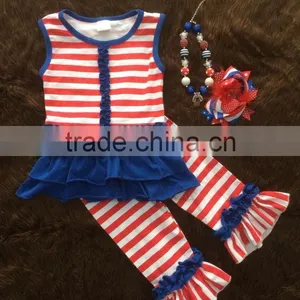 2016 Baby Girls Children Patriotic Clothing Girls 4th of July Capri Ruffle Outfits With Matching Necklace and Bow thumbnail-1