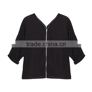 Fashionable Women Knitted Zipper t Shirt Top With 7/8 Sleeve thumbnail-5