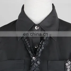 Spread Collar Fashion Style Women Long Shirts With Sequins Tie Non Iron thumbnail-3