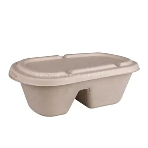 Disposable Biodegradable Bagasse Sugarcane Pulp Bento Box 1000ml 2- Compartment Container thumbnail-1