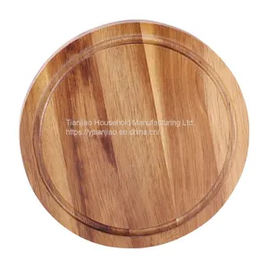 Custom Round Solid Wooden Chopping Board With Juice Groove Serving Food Natural Acacia Wood Kitchen Thick Cutting Boards thumbnail-2