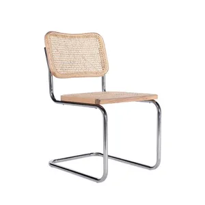 Mid-Century Modern Cesca Side Chair, Marcel Breuer Replica Rattan Dining Chair With Polished Chrome Steel Frame for Commercial & Home Use thumbnail-1