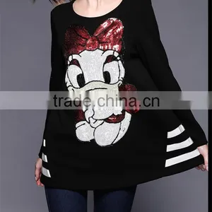 2016 Spring New Latest Fashion Design Plus Size Loose Style Long Sleeve Black Women Long Tops thumbnail-1