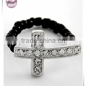Rhodiumized Black Seed Beads Cross Stretch Ring thumbnail-1