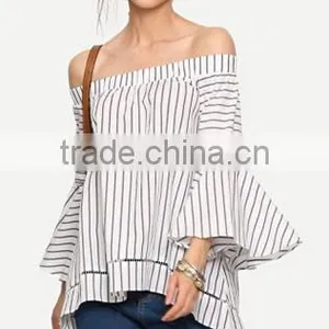 Women's Off The Shoulder Bell Sleeve Striped Blouse thumbnail-2