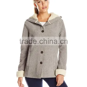 Blank Hooded Varsity Jacket 100% Polyester Heather Sweater Rib Fleece Knit And Sherpa Fleece Lining Women Hooded Jacket thumbnail-6