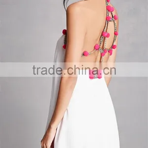 Good Quality V-neckline Embroidered Detailing Pom Pom Halter Dress thumbnail-1