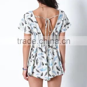 Short Sleeve Deep V-neck High Empire Embroidered Waist Feather Crochet Flutter Romper Short Jumpsuit thumbnail-3