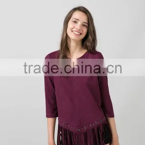 Trendy Faux Suede Retro Fringed Tassels Blouse Perforate Hem Shirt T-Shirt thumbnail-1