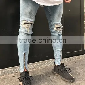 Hotsale High Quanlity New Style Jeans Pent Men Blue Distressed Leather Biker Jeans With Zipper for Men Wholesale China thumbnail-2