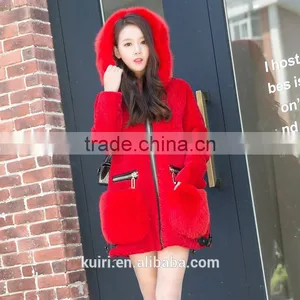 Winter Women's Long Natural Real Wool Sheep Shearling Coat Plus Size Jacket With Hood Genuine Fox Fur Pockets thumbnail-1
