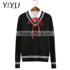OEM Service Women White Stripes V-neck School Uniform Cable Knit Sweater thumbnail-1