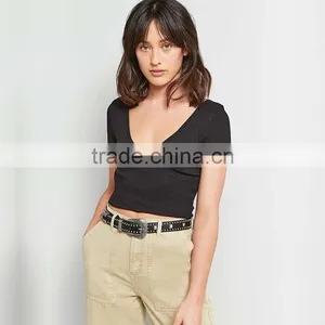 2017 Ladies Ribbed Deep V-neck Short Sleeves Ballet Wrap Crop Cami Tops thumbnail-5