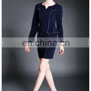 Ladies High Quality Navy Dress Above Knee, Peplum Waist Dress for Fall thumbnail-3