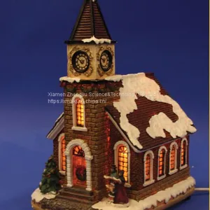 Christmas Church House With LED Lights 9L LED Musical Ski Scene With Polyresin Christmas House Decoration thumbnail-3