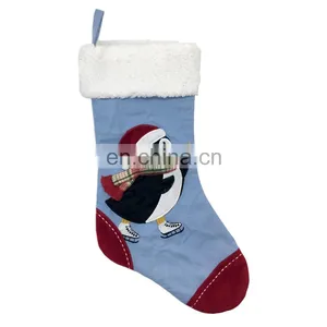 Wholesale Decorative Gray Herringbone Embroidery Linnet and Pine Branches Christmas Socking for Christmas thumbnail-4