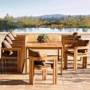 Solid Teak Wood Outdoor Dining Set, Weatherproof Patio Table & Armchair Set With Cushions for Villa Poolside & Garden thumbnail-1