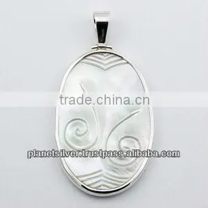 Large Mother Of Pearl 925 Silver Pendant Hand Carved thumbnail-1