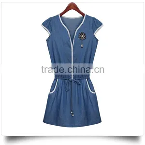 2015 Casual Women Newest Denim Dress High Qality Sleeveless Ladies Fashion Denim Dress With Flower thumbnail-2