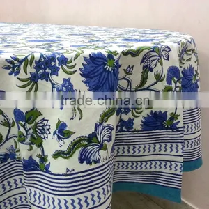 Flower Blossom Blue Indian Hand Block Printed Round Tablecloth thumbnail-1
