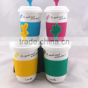 Green Pink Yellow Blue Mug With Cute Hand Ceramic Mug/mug With Silicone Sleeve/travel Mug Porcelain Tumbler thumbnail-1
