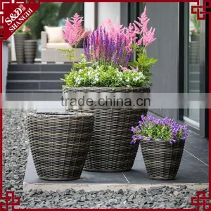 S&D Classic Round Shaped Outdoor Decorative Garden Coffee Shop Flower Pots Rattan Wicker Ceramic Planters Set of 3 thumbnail-1