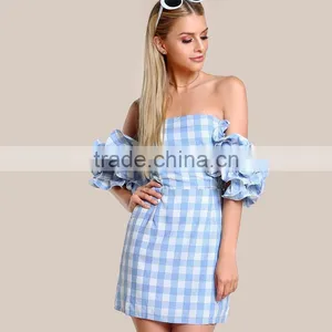 Cute Frill Puff Sleeve off the Shoulder Blue Gingham Mini Dress thumbnail-4