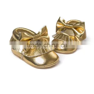 Golden Baby PU Moccasins, Bow Design Little Girl Moccasins thumbnail-6