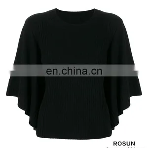 Women Crew Neck Cashmere Bat Sleeves Knitted Ribbed Top thumbnail-3